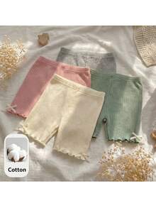 Loomiva 4pcs Baby Girl Bow Decor Knitted Soft Elastic Waist Shorts Set - Pink - View 7