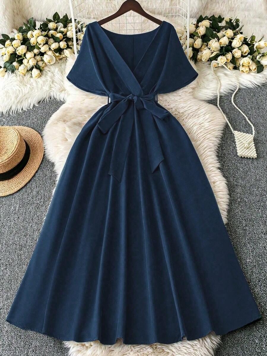 DreamSkyne Exquisite & Elegant Plus Size Solid Color V-Neck Wrap Around Self-Tie Belt Elegant Dress - Blue - View 1