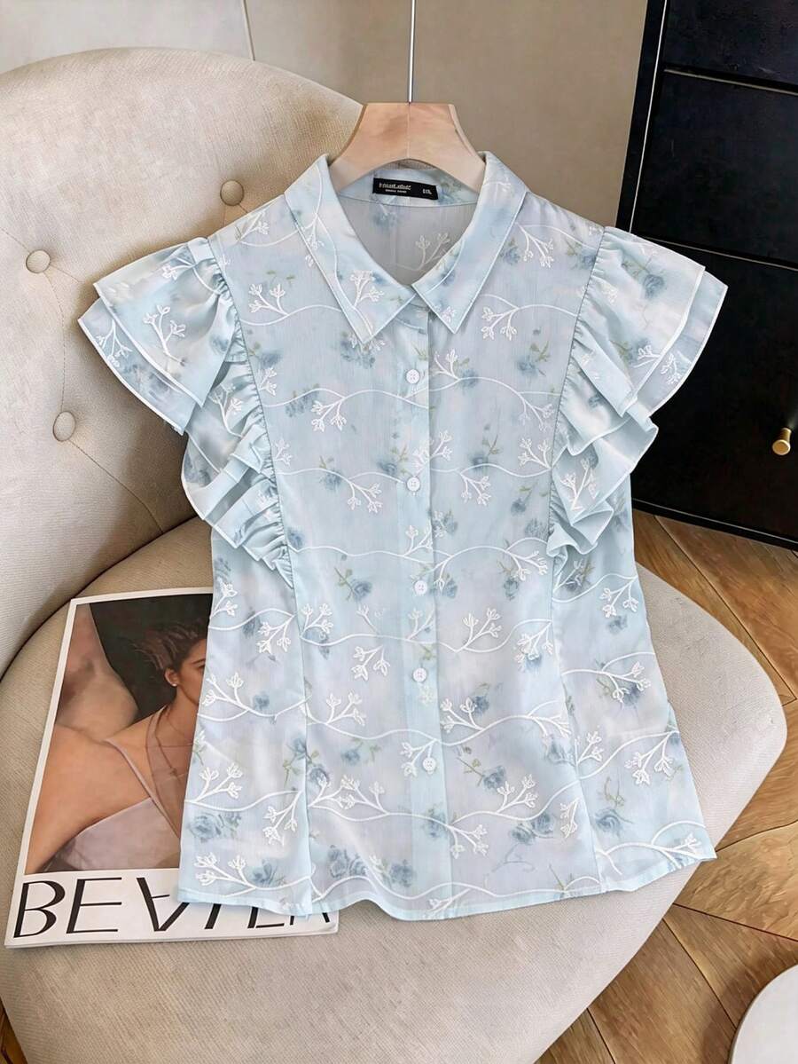 Franclia 加大码法式花卉刺绣荷叶边下摆女式衬衫，春夏新款衬衫，热销可爱女式衬衫，新款优雅休闲女式衬衫，夏季女式衬衫，夏季荷叶边袖女式衬衫 - 藍色 - 查看 1