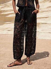 Maija Women's Elastic Waist Floral Lace Pocket Ankle Length Pants - Black - View 1