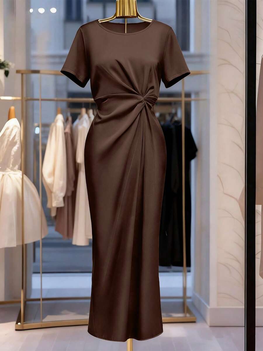 GlowEve CURVE 女士圆领短袖通勤连衣裙,春夏连衣裙,优雅派对连衣裙 - 棕色 - 查看 1