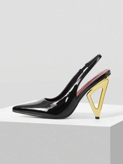 Mnmlis Ladies, Fashionable And Versatile, Outdoor Commuting, Thick High Heels, Special-Shaped Heels, Back Straps, Closed Toe Shoes, Slingback Pointed Mirror Women's Shoes