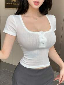 DAZY Áo thun ngắn tay đơn sắc tối giản dành cho nữ, thích hợp mặc hàng ngày. - trắng - Xem 4