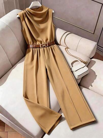 2 pezzi/set Outfit minimalista per ragazze, top senza maniche a collo alto e pantaloni a vita alta a gamba larga, adatto per lavoro o uso casual, semplice e alla moda