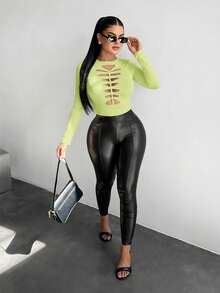 SHEIN SXY 女士荧光绿修身性感镂空长袖T恤 - 綠色 - 查看 5