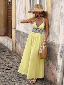 Brillora Women's Vacation Casual Geometric Print Backless Dress,Summer Dresses For Women Spaghetti Strap Boho Long Yellow Embroidered Maxi - Light Yellow - View 4
