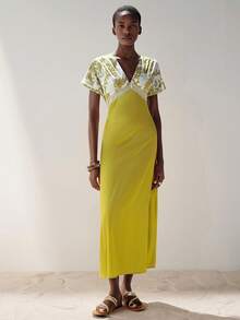 Aveloria Modichic Women's Golden Yellow Elegant Summer Long Maxi Dress,Satin Silk Fabric Slim Fit Lace Trim Deep V Neck Contrast Print Patchwork Vacation Holiday - Multicolor - View 5