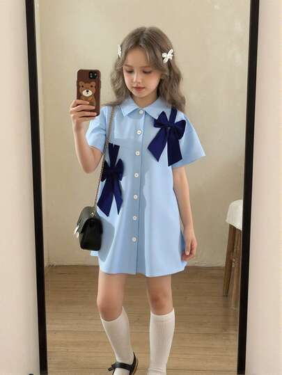 Elladie kids 2026 女童蓝色连衣裙，梭织轻盈柔软面料，短袖衬衫裙，纽扣前襟，蝴蝶结装饰，学院风，可爱百搭夏季新品