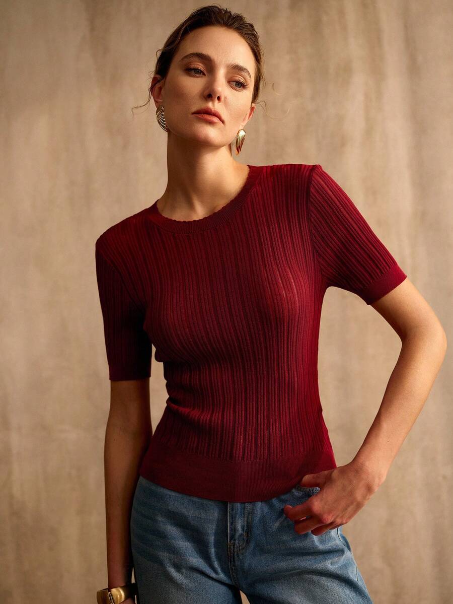 MOTF PREMIUM SLIM FIT SHORT SLEEVE KNIT TOP, SPRING/SUMMER - Burgundy - View 2