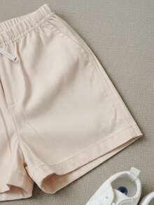 SHEIN Playful Pals 幼儿男童休闲弹力腰短裤，带口袋、假门襟和抽绳装饰，百搭风格，适合日常穿着、上学、旅行和运动。 - 彩色 - 查看 4