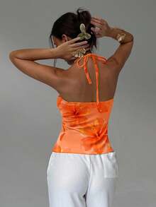 Aloruh Áo hai dây kiểu dáng mùa hè dành cho nữ, màu cam, họa tiết hoa dâm bụt Hawaii, vạt áo bất đối xứng, kiểu dáng thời trang, cổ yếm, áo kiểu đi nghỉ mát, áo màu cam. - trái cam - Xem 2