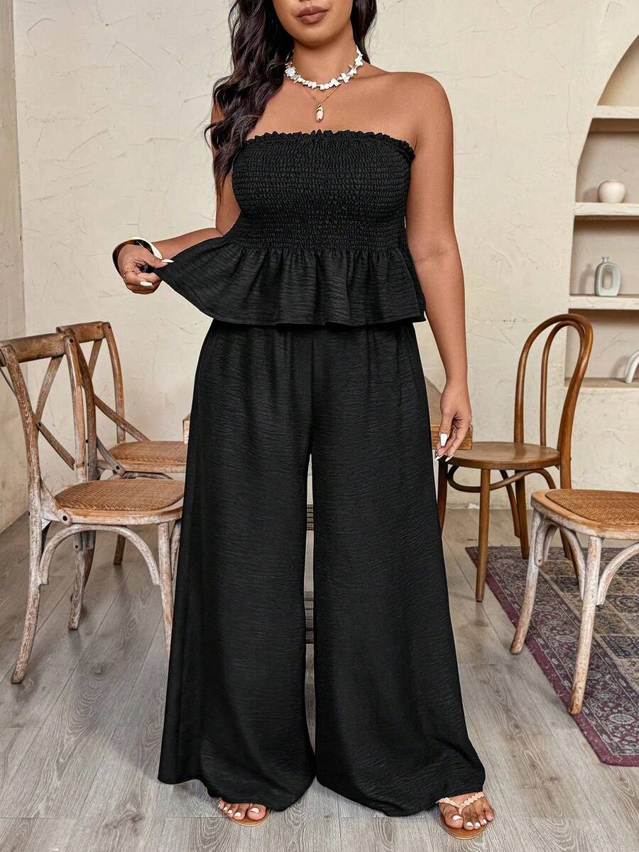 Weeklong Plus Size Women's Spring/Summer Vacation Crinkle Fabric Strapless Ruffle Hem Wide Leg Pants 2 Pieces Set - Black - View 1