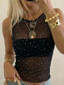 SHEIN EZwear Women's Fashionable Mesh Sheer Polka Dot Sleeveless Top, Summer - Black - View 7