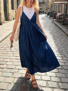 FRIFUL Women's Solid Color Casual Versatile Loose Denim Cami Dress Summer - Blue - View 9