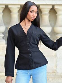 Mima John Women's Fashion Front Button Waist Denim Blouse - Black - View 6