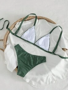 SHEIN Swim 女士复古深绿色条纹宽肩带三角杯比基尼，舒适支撑，简约奢华感，度假泳池沙滩泳装套装 - 彩色 - 查看 2