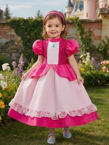 SHEIN Glamorique Kids Young Girl' Princess Dress,Satin Puff Sleeve Blush Pink Summer First Birthday Formal Dress With Pearl Ribbon,Gems,Lace Trim,Kids Party Wedding Outfits - Hot Pink - View 8