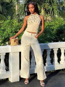 Mima John Áo len dệt kim sequin hở lưng buộc dây, áo yếm thêu sequin, mọi mùa, áo Y2K, quần áo mùa thu cho nữ - Màu be - Xem 1