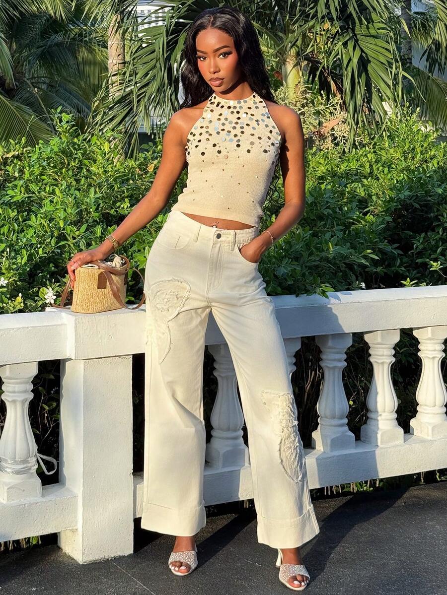 Mima John Áo len dệt kim sequin hở lưng buộc dây, áo yếm thêu sequin, mọi mùa, áo Y2K, quần áo mùa thu cho nữ - Màu be - Xem 1