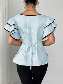SHEIN Unity Women's Double-Layer Ruffle Sleeve Tie-Waist Shirt - Baby Blue - View 2