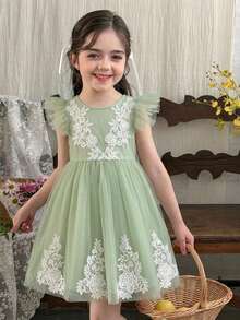 Young Girl Elegant & Cute Green Mesh Floral Applique Cap Sleeve Dress Pastel Green Kids Dresses Olive Green Children Dresses Sage Flower Girl Dress Enchanting Garden Kids Dress - Green - View 3