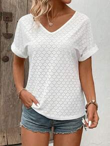 Selamara Camiseta básica casual de mujer con cuello en V y puños vueltos, con estampado de lunares en jacquard blanco - Blanco - Ver 6
