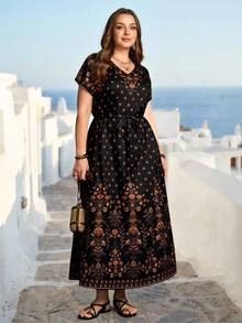 Rosumi 大码女式V领碎花系带腰身时尚别致派对连衣裙夏季沙滩度假装扮女式碎花连衣裙波西米亚风女式长裙女式连衣裙优雅经典女式休闲连衣裙夏季女式沙滩装扮女式休闲度假装扮女式乡村音乐会服装荷叶边 - 彩色 - 查看 4