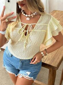 Ceyna Plus Size Women's V-Neck Tie-Up Ruffle Sleeve Casual Blouse,Yellow Boho Summer Vacation Holiday Tops - Light Yellow - View 6