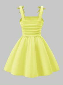 Girls' Elegant Solid Color 3D Bow Ruffle Strap Dress, Suitable For Outings, Parties And Events In Spring/Summer Kids Dresses Yellow Young Girl Summer - Yellow - View 3
