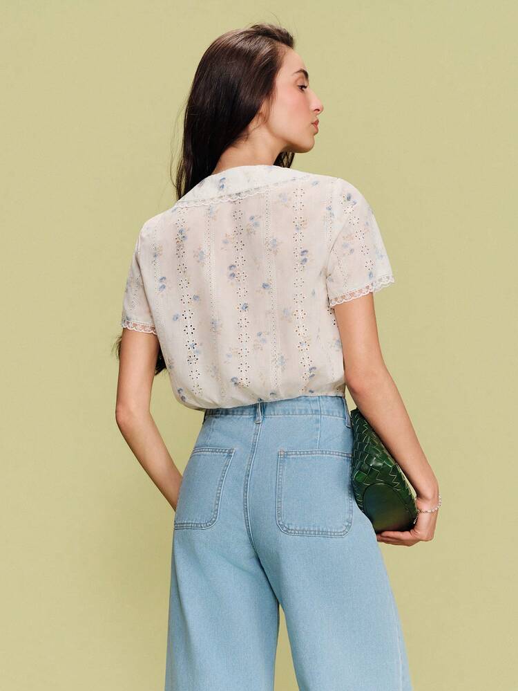 White Floral Embroidered Blouse With Peter Pan Collar Office Top Cute Top Vacation Top Spring Summer Holiday Top French Style Parisian Style Blouse For Women Summer Blouse For Women Casual Modern Shirts For Woman Summer New In Women Clothing Vintage Outfit For Women