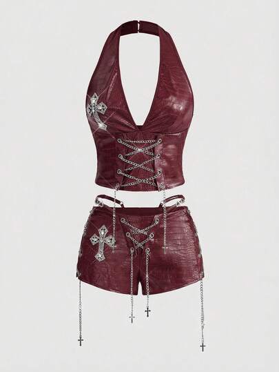ROMWE Grunge Punk 女士复古辣妹机车风PU露背吊带背心和超低腰迷你紧身短裤两件套