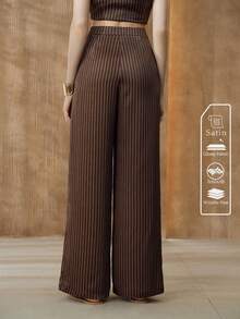 Arave 女士高腰条纹褶裥阔腿休闲工作裤 - 駝色 - 查看 4