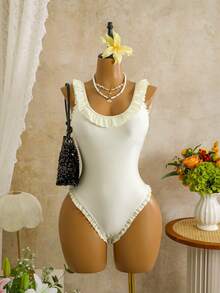 Swim Chiccia Bộ đồ bơi liền thân bằng vải bóng sang trọng với họa tiết hoa ren. - Màu be - Xem 5