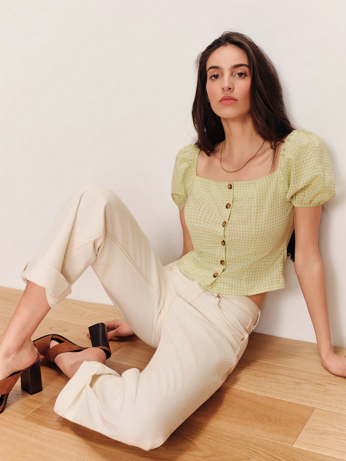 Cute Square Neck And Puff Sleeves Green Checked Blouse Romantic Elegant Top Going Out Vintage Top Cute Top Spring Summer Vacation Top Holiday Top French Style Parisian Style