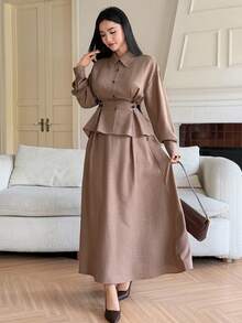 DAZY 女士夏季优雅棕色翻领束腰宽松衬衫和中长裙两件套，适合正式场合和派对 - 棕色 - 查看 4