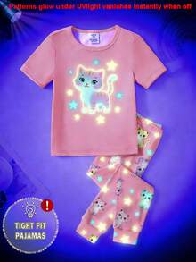 1 set Pijama de top de manga corta y pantalones ajustados con estampado de gato lindo que brilla en la oscuridad para niñas jóvenes - Rosa - Ver 6