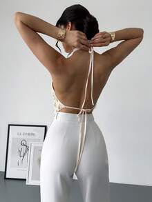 Rafferiza 女士新款性感露背亮片吊带背心，女士派对吊带背心，圣诞派对，优雅新年夜装扮，闪亮亮片上衣 - 杏色 - 查看 2