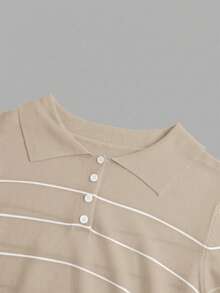 BizChic Women's Polo Collar Knit Top,Beige,Summer,Elegant And Classy,Everyday,Back-To-School,Business Casual Office Outfits,Versatile Retro Striped Blouses - Khaki - View 10