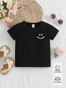 春夏婴幼儿男童休闲时尚创意个性清新简约可爱卡通脸手势闪电格子图案字母标语印花休闲基础款短袖T恤，舒适日常穿着 - 黑色 - 查看 2