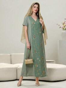 Al Najma V-Neck Loose Short Sleeve Dress, Decorated With Gold Embroidery, Patchwork Solid Color - Green - View 5
