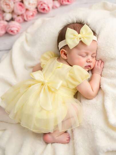 SHEIN Newborn Girl Romper Dress With Bow Headband 0-3 Months Baby Photography Outfits Yellow For Spring Summer Yellow Dress For Baby Girl Baby Girl Yellow Dress With Bow Infant Yellow Dress Baby Girl Yellow Outfit Newborn Yellow Outfit Photo Shoot Baby Dresses Newborn Girl Dress Newborn Baby Girl Photoshoot Outfit Baby Girl Photoshoot Dress Newborn Baby Girl Dresses Newborn Photoshoot Outfit