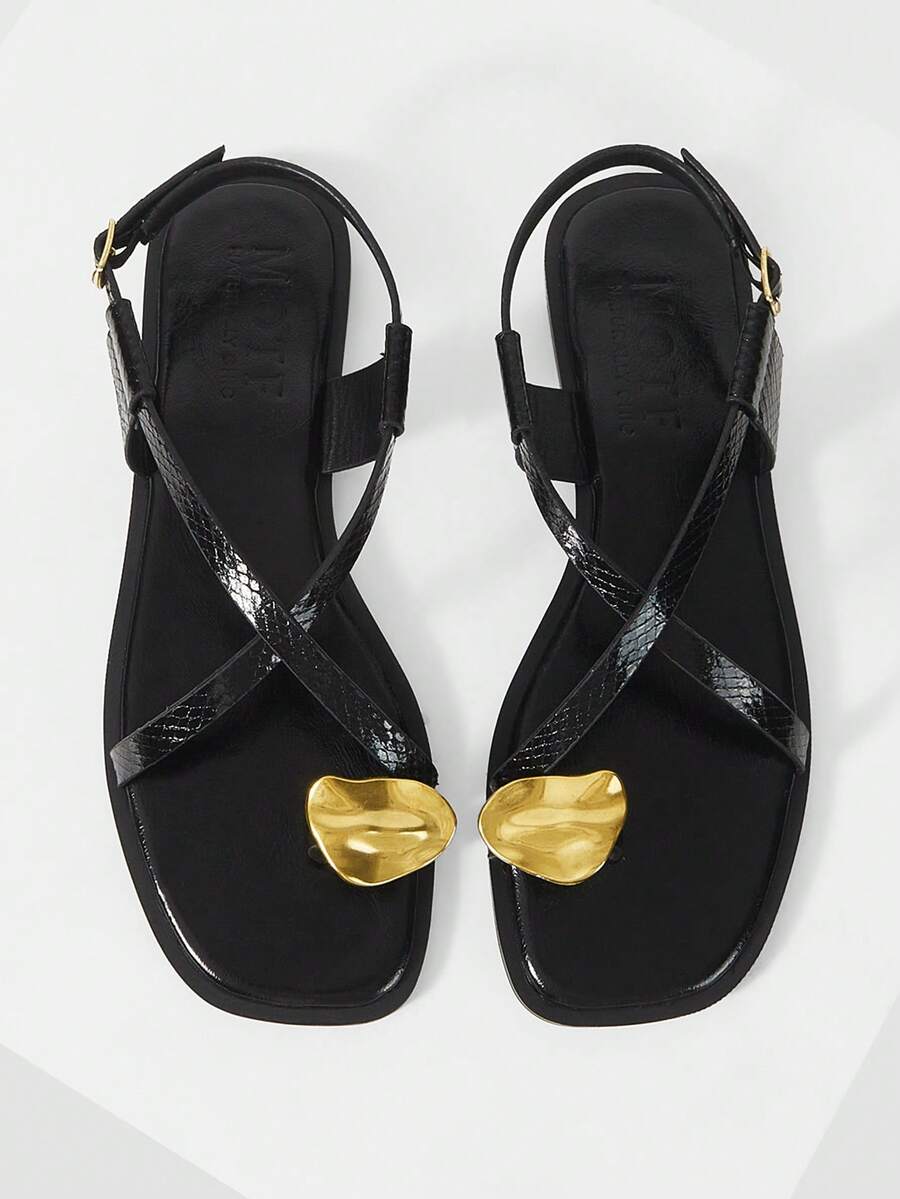 MOTF PREMIUM Giày sandal đế bằng hở mũi, kiểu dáng tối giản, thoải mái dành cho nữ, phù hợp cho việc đi làm và đi nghỉ mát. - Đen sáng - Xem 1