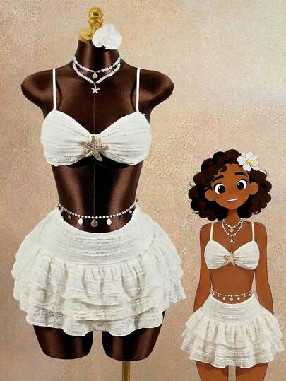 Zestiva Conjunto de bikini bandeau texturizado para mujer con decoración de estrella de mar de metal, traje de baño de 3 piezas para fiesta en la playa y vacaciones