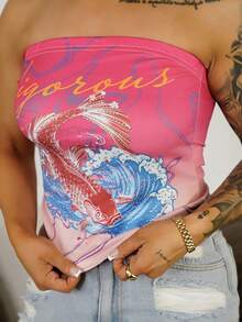 SAYEHFBABY Streetwear Women's Oversized Fish & Wave Rhinestone Print Tube Top - Pink - View 3