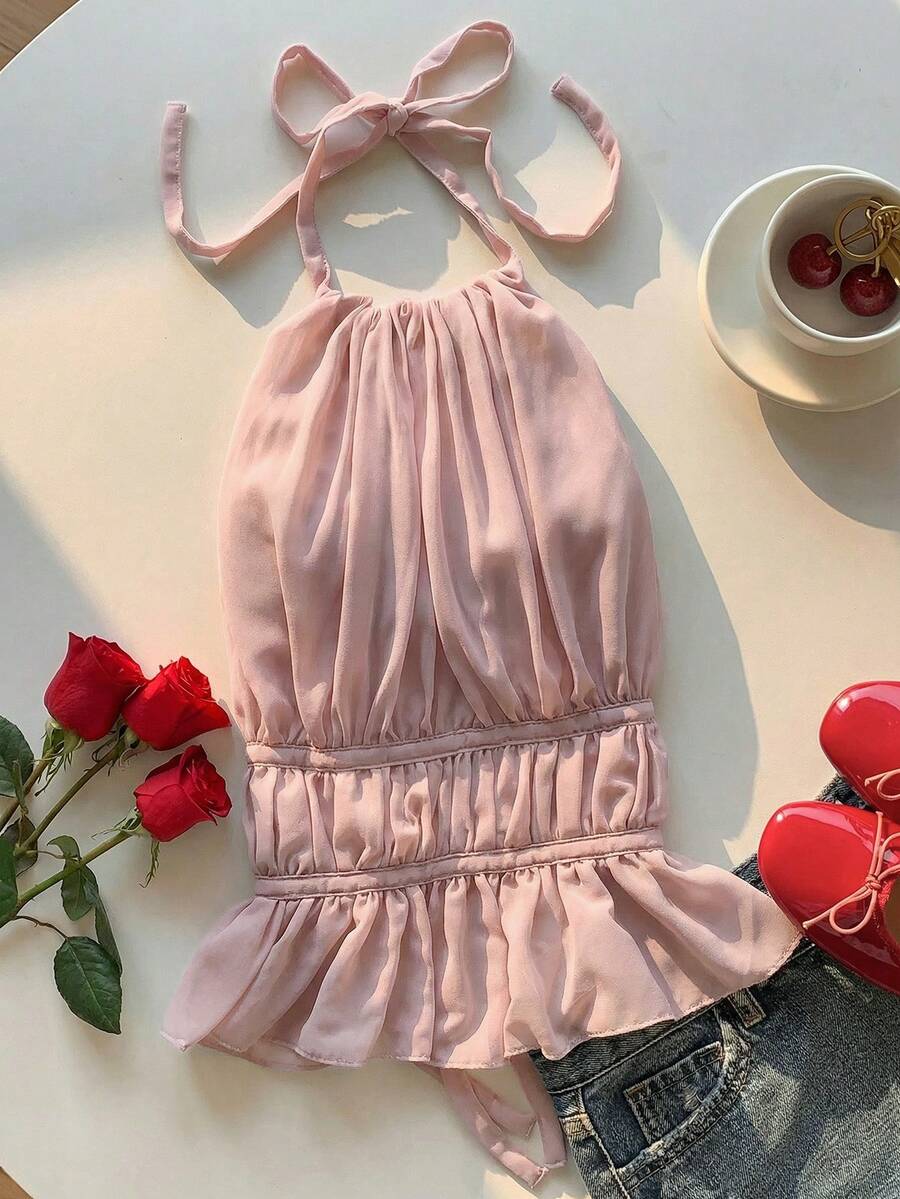 SHEIN EZwear Kamisol Wanita Warna Merah Muda Coral dengan Detail Kerut dan Tali Bahu Tipis serta Tali di Belakang - Coral Pink - View 1