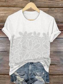 EMERY ROSE Camiseta casual de mujer con cuello redondo de manga corta, cómoda y con estampado floral de imitación, adecuada para uso casual diario - Multicolor - Ver 3