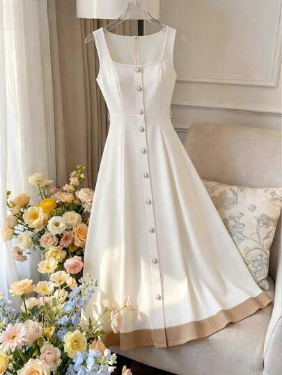 GlowEve CURVE 大码女士优雅通勤V领无袖收腰A字撞色滚边连衣裙