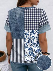 EMERY ROSE Camiseta casual de manga corta con cuello en V acanalado y estampado de retazos, talla grande, para primavera y verano - Multicolor - Ver 2