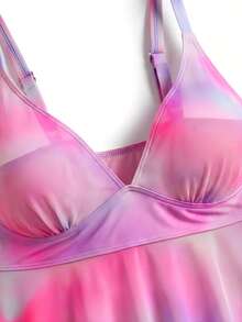 SHEIN Swim Curve 2 件大码女式扎染 V 领迷彩印花简约比基尼夏季 - 粉色 - 查看 5