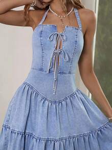 Sunnyshic 女士休闲露背吊带牛仔连衣裙 - 藍色 - 查看 7